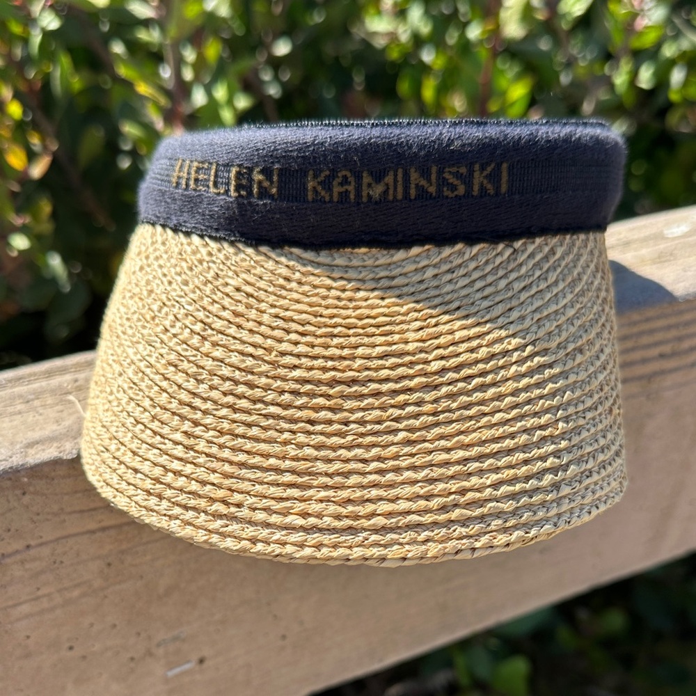 Helen Kaminski Natural Straw Visor with Black Trim and Gold Logo